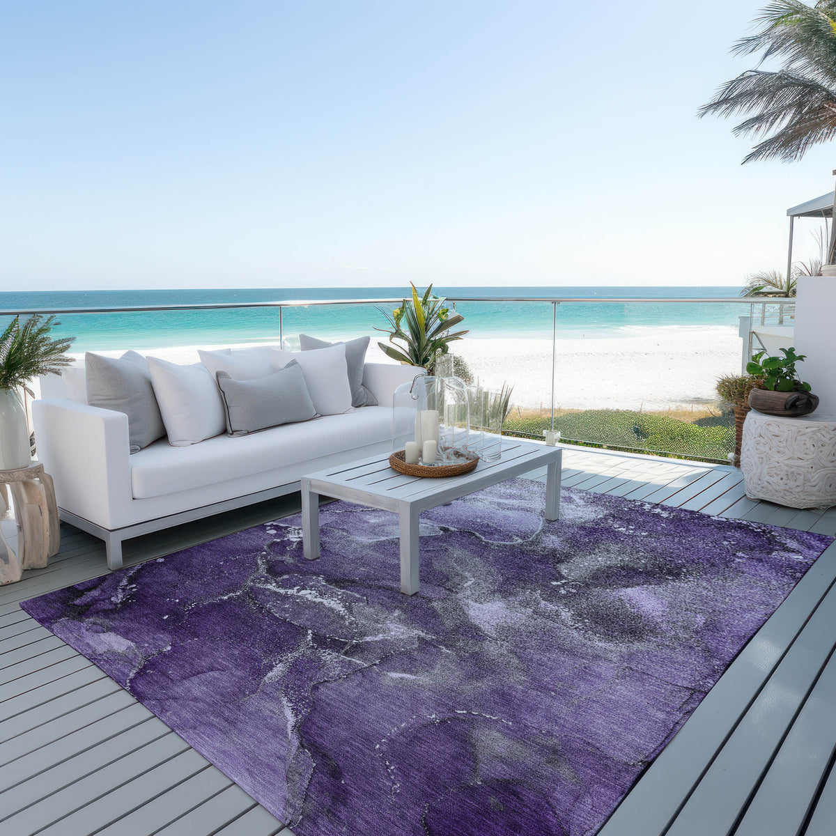 3' X 5' Gray and Purple Abstract Washable Non Skid Indoor Outdoor Area Rug