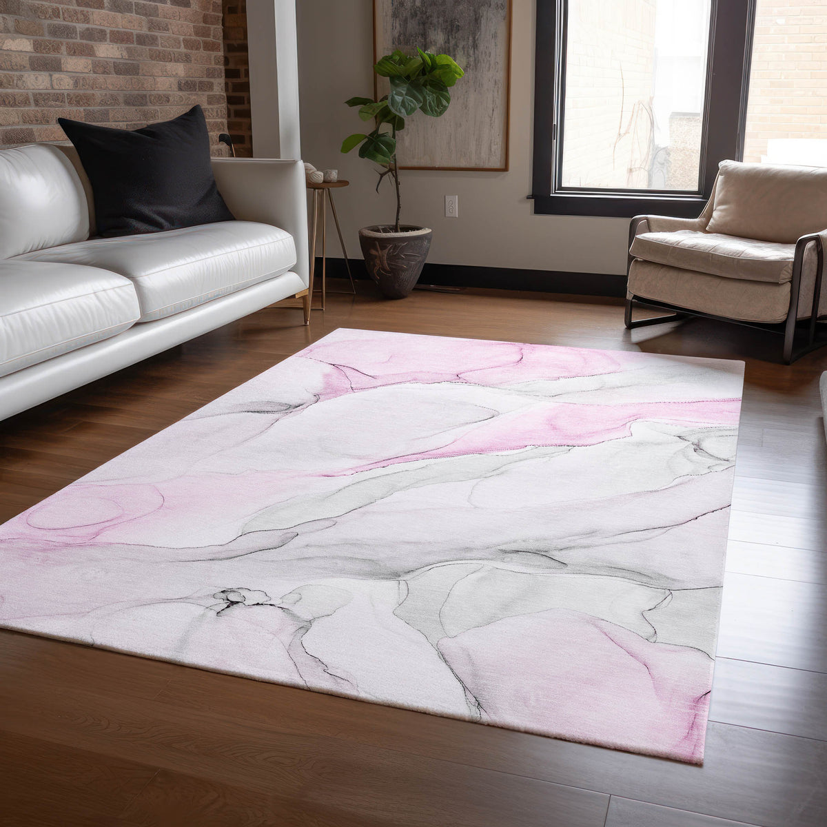 5' X 8' Gray and Pink Abstract Washable Non Skid Indoor Outdoor Area Rug