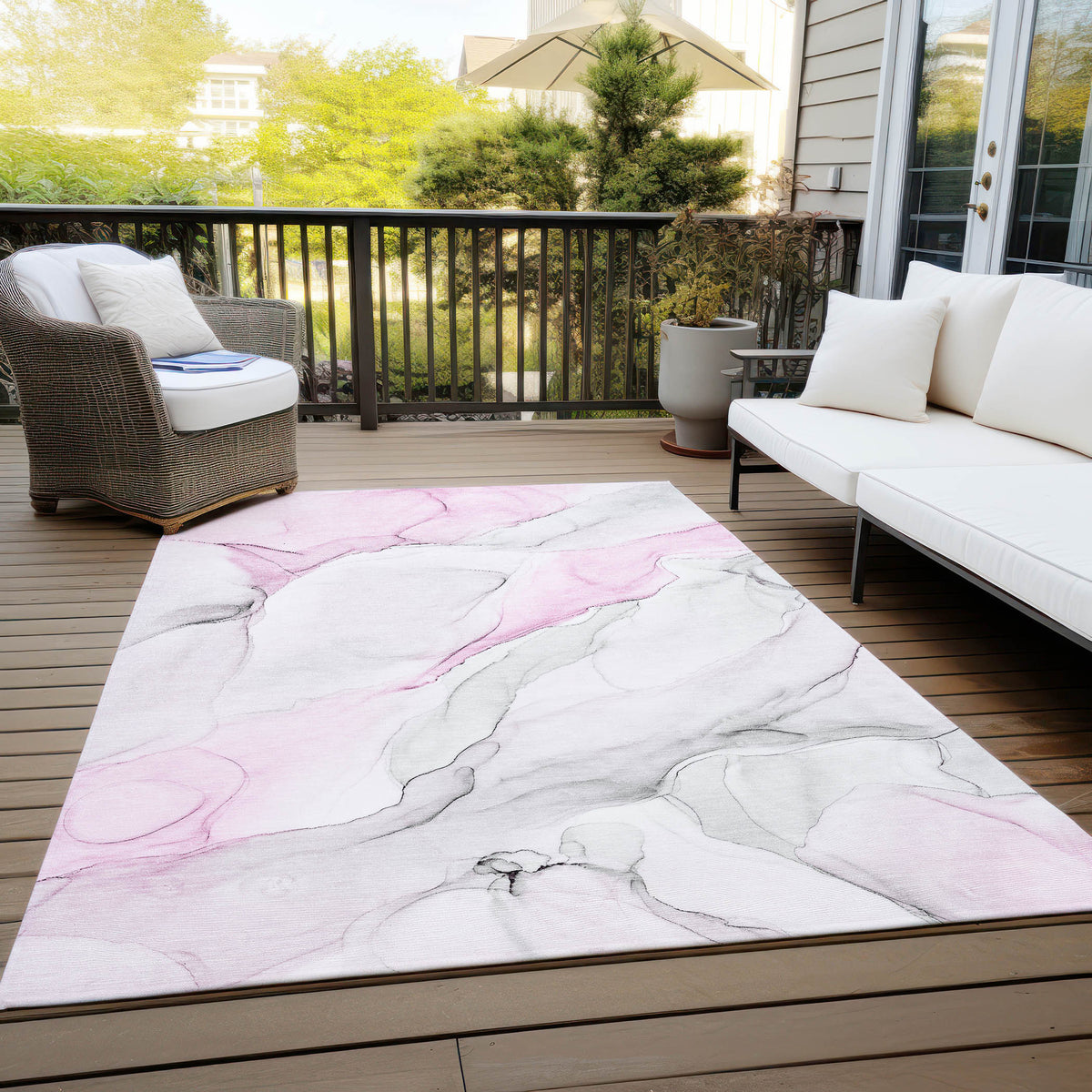 3' X 4' Gray and Pink Abstract Washable Non Skid Indoor Outdoor Area Rug