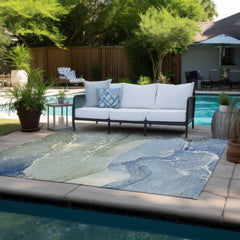 10' X 14' Blue Abstract Washable Non Skid Indoor Outdoor Area Rug