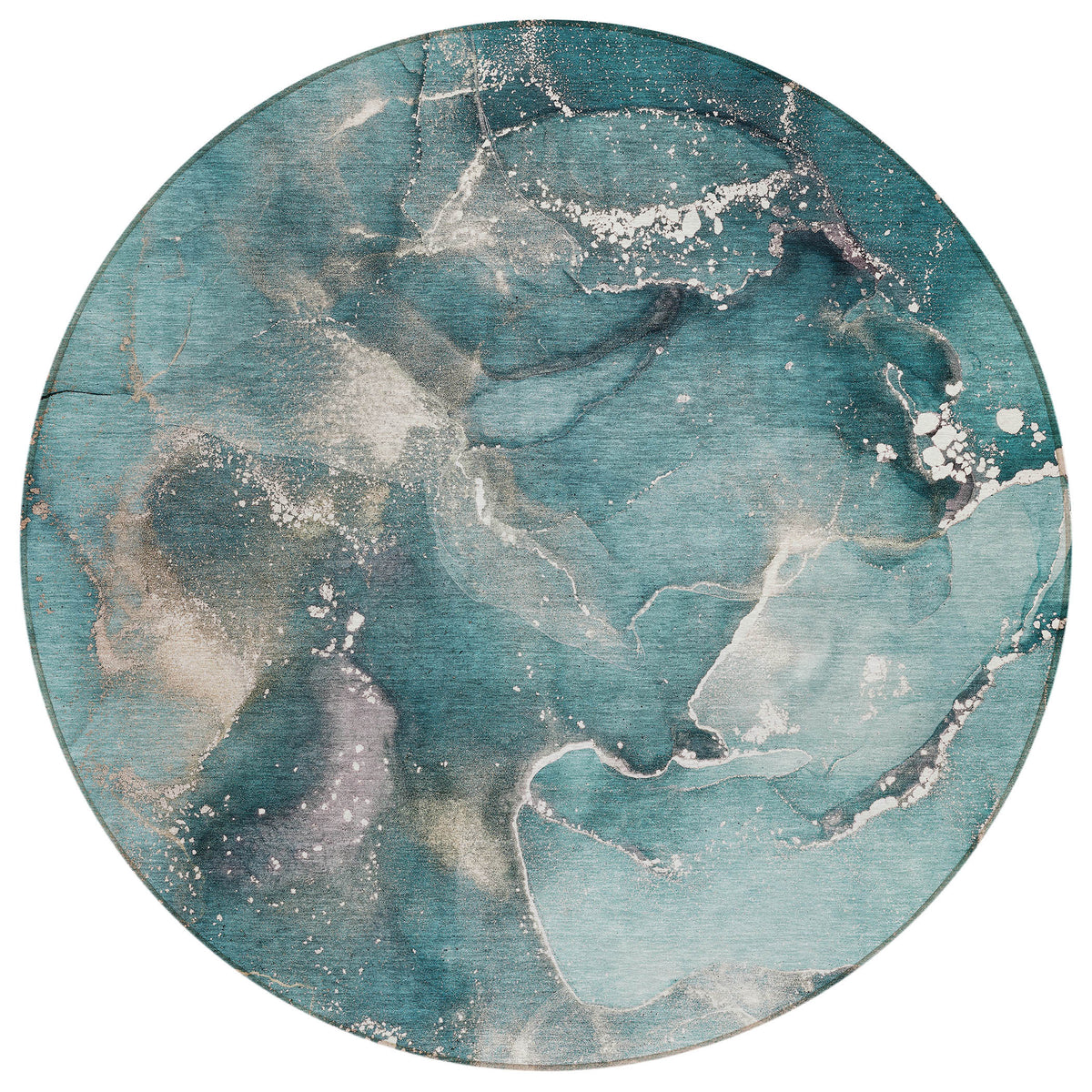 8' Round Teal Round Abstract Washable Non Skid Indoor Outdoor Area Rug