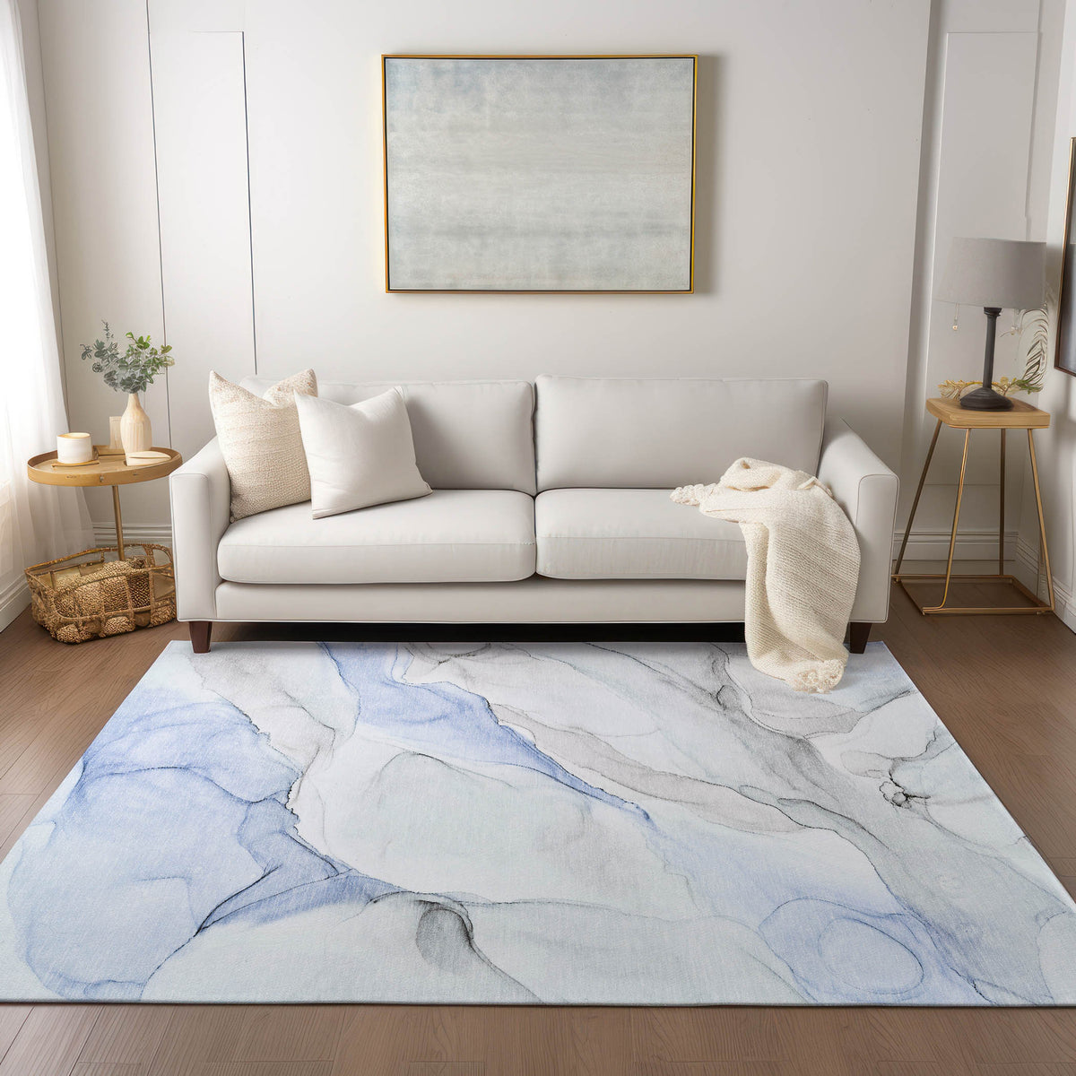 8' X 10' Ivory Blue and Gray Abstract Washable Non Skid Indoor Outdoor Area Rug
