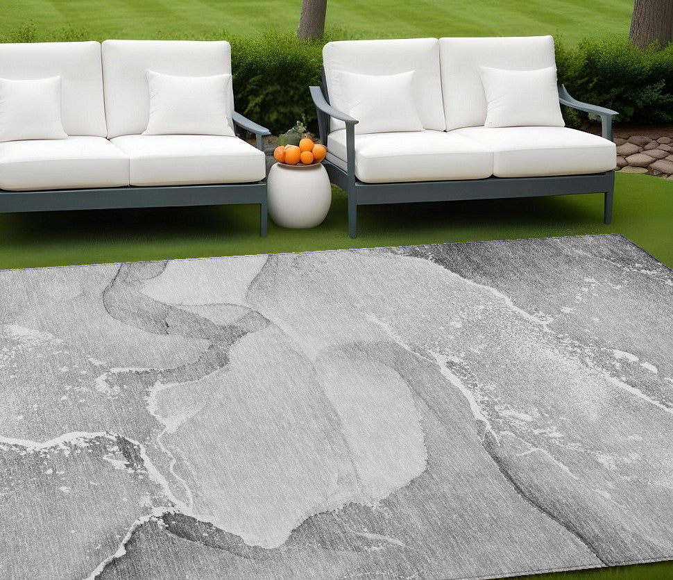8' X 10' Gray and Ivory Abstract Washable Non Skid Indoor Outdoor Area Rug