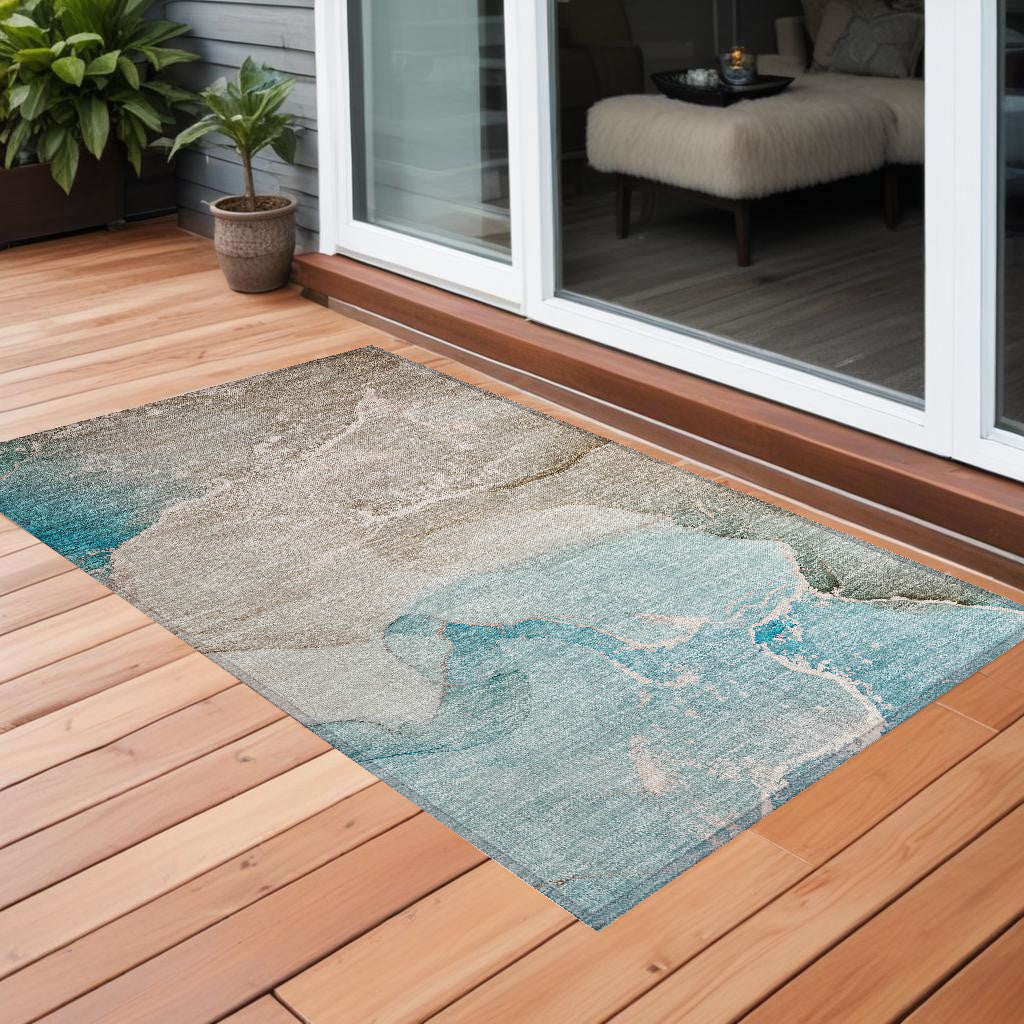 3' X 4' Teal Abstract Washable Non Skid Indoor Outdoor Area Rug
