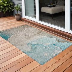 3' X 4' Teal Abstract Washable Non Skid Indoor Outdoor Area Rug
