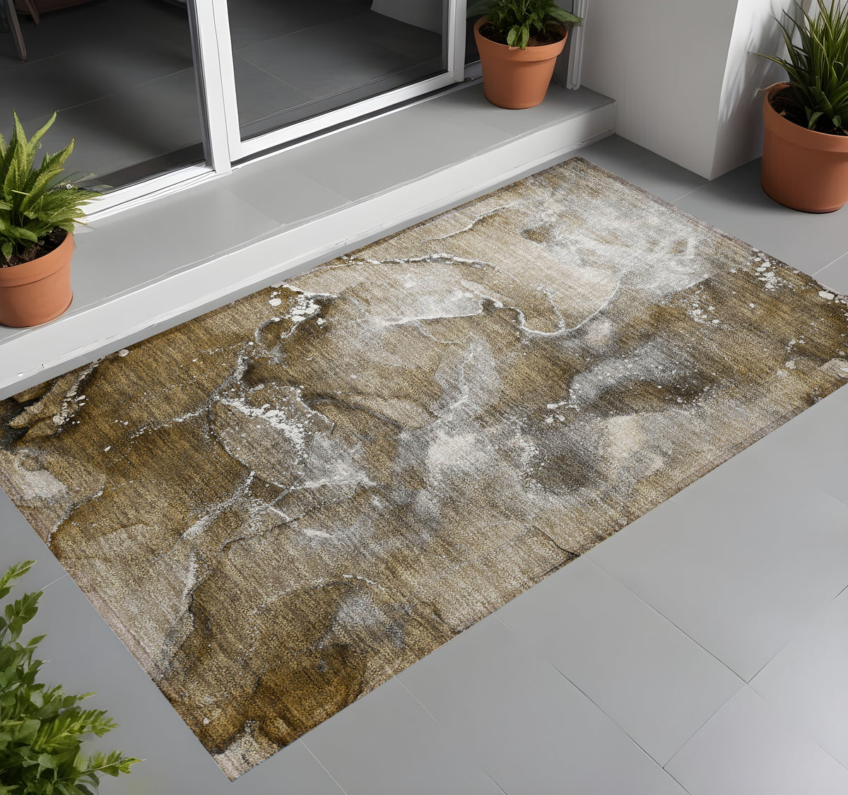2' X 3' Brown and Gray Abstract Washable Non Skid Indoor Outdoor Area Rug