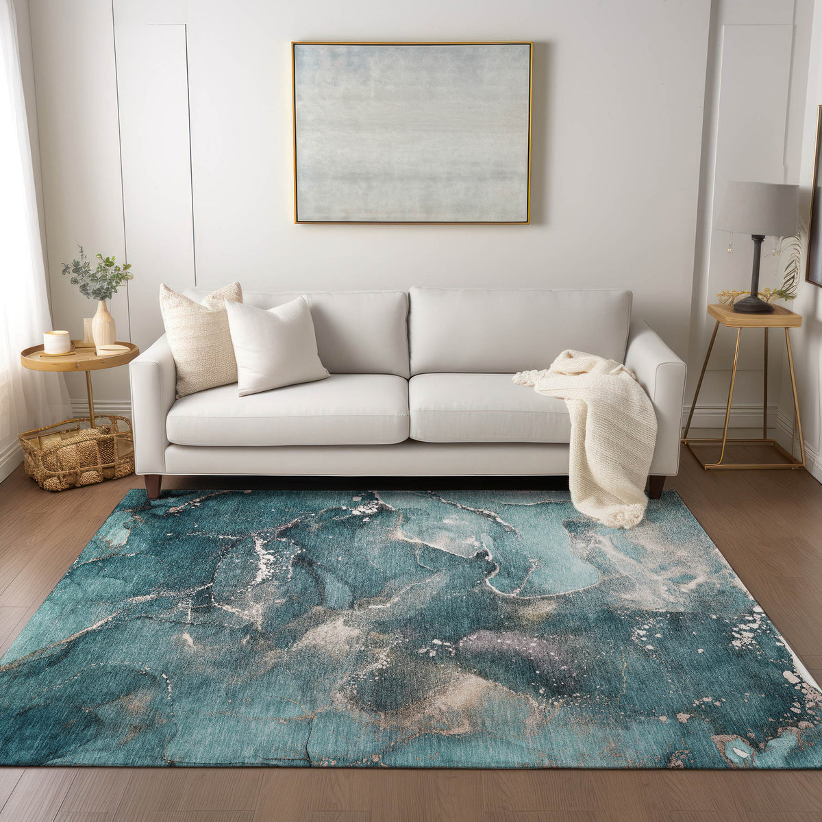 8' X 10' Teal Abstract Washable Non Skid Indoor Outdoor Area Rug