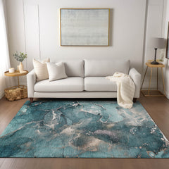 8' X 10' Teal Abstract Washable Non Skid Indoor Outdoor Area Rug
