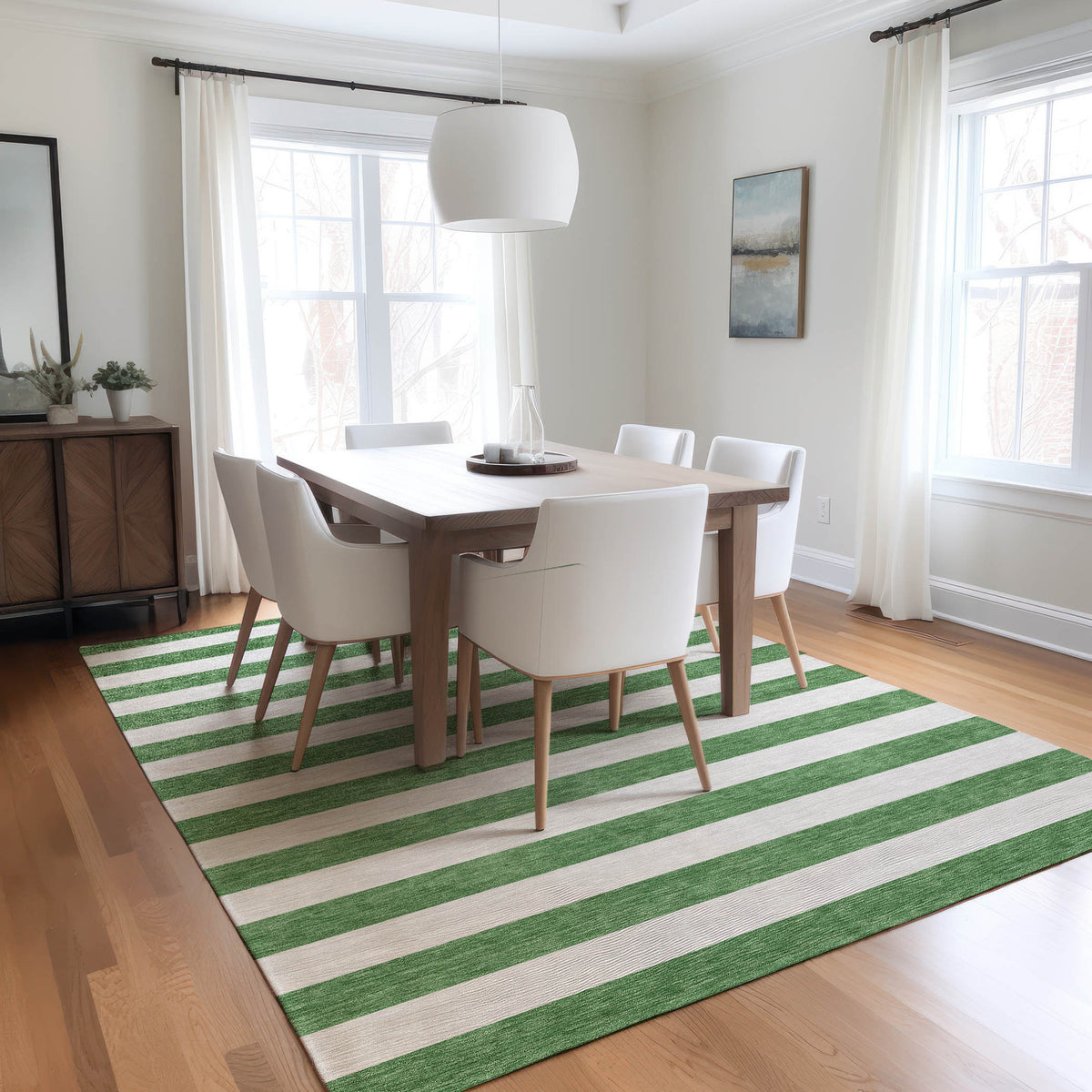 5' X 8' Green and White Striped Washable Non Skid Indoor Outdoor Area Rug