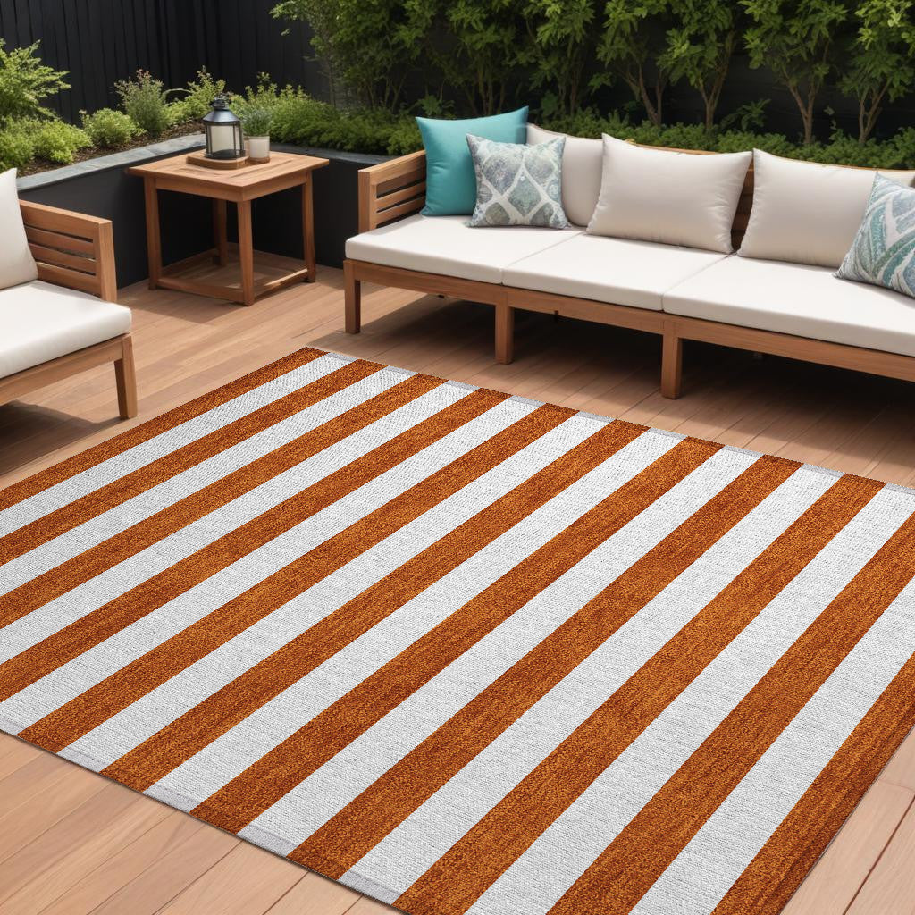 9' X 12' Orange Striped Washable Non Skid Indoor Outdoor Area Rug