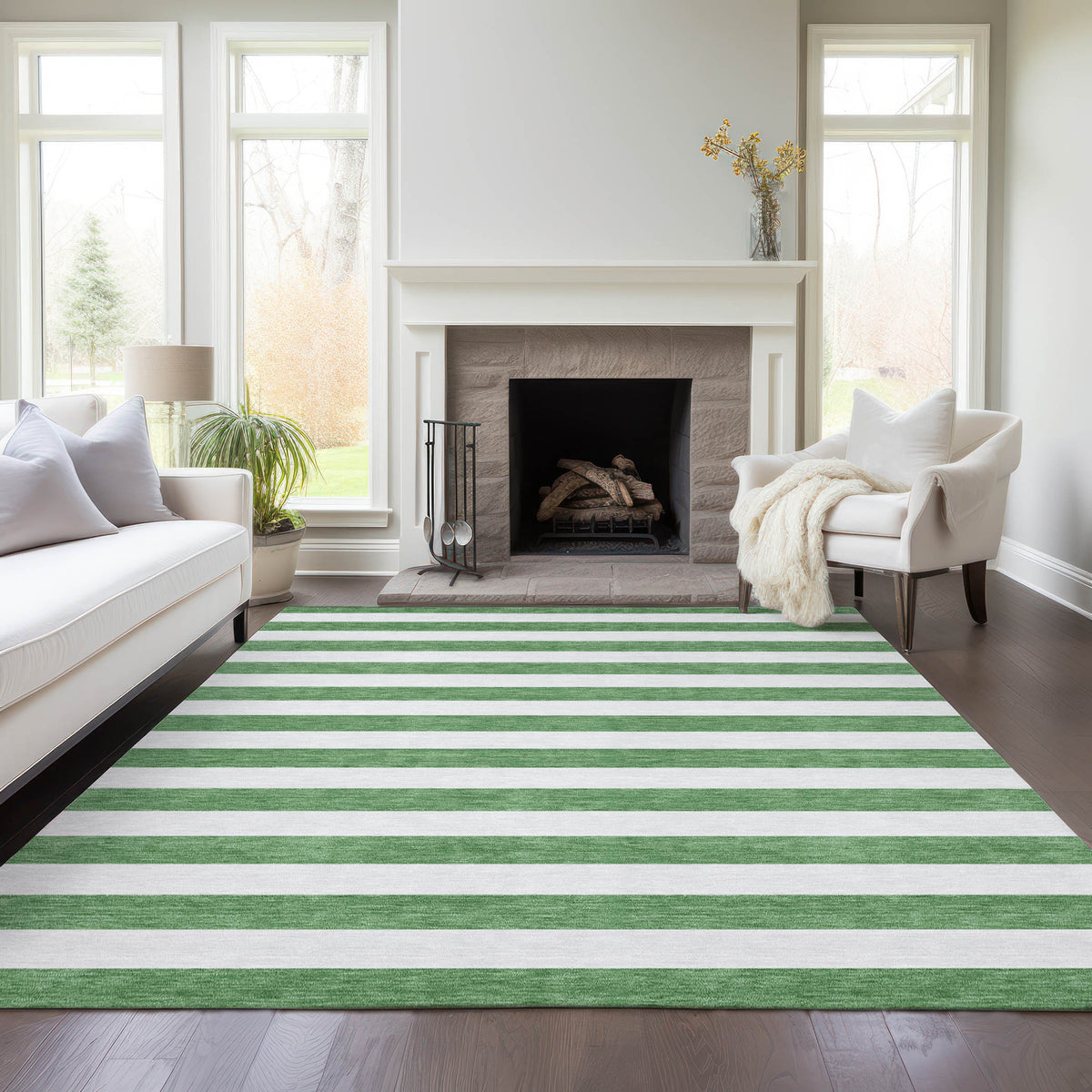 3' X 5' Green and White Striped Washable Non Skid Indoor Outdoor Area Rug