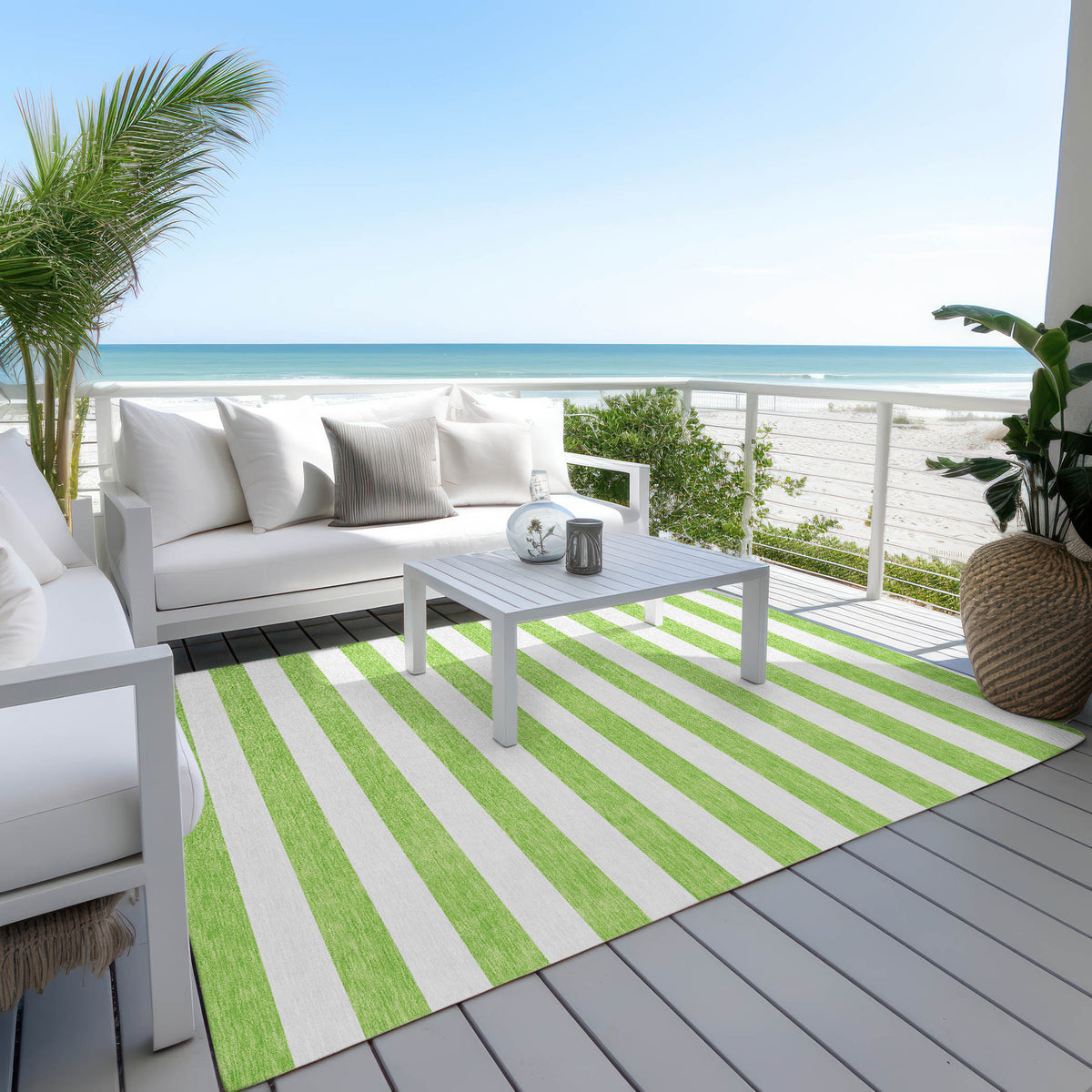 3' X 4' Green and White Striped Washable Non Skid Indoor Outdoor Area Rug