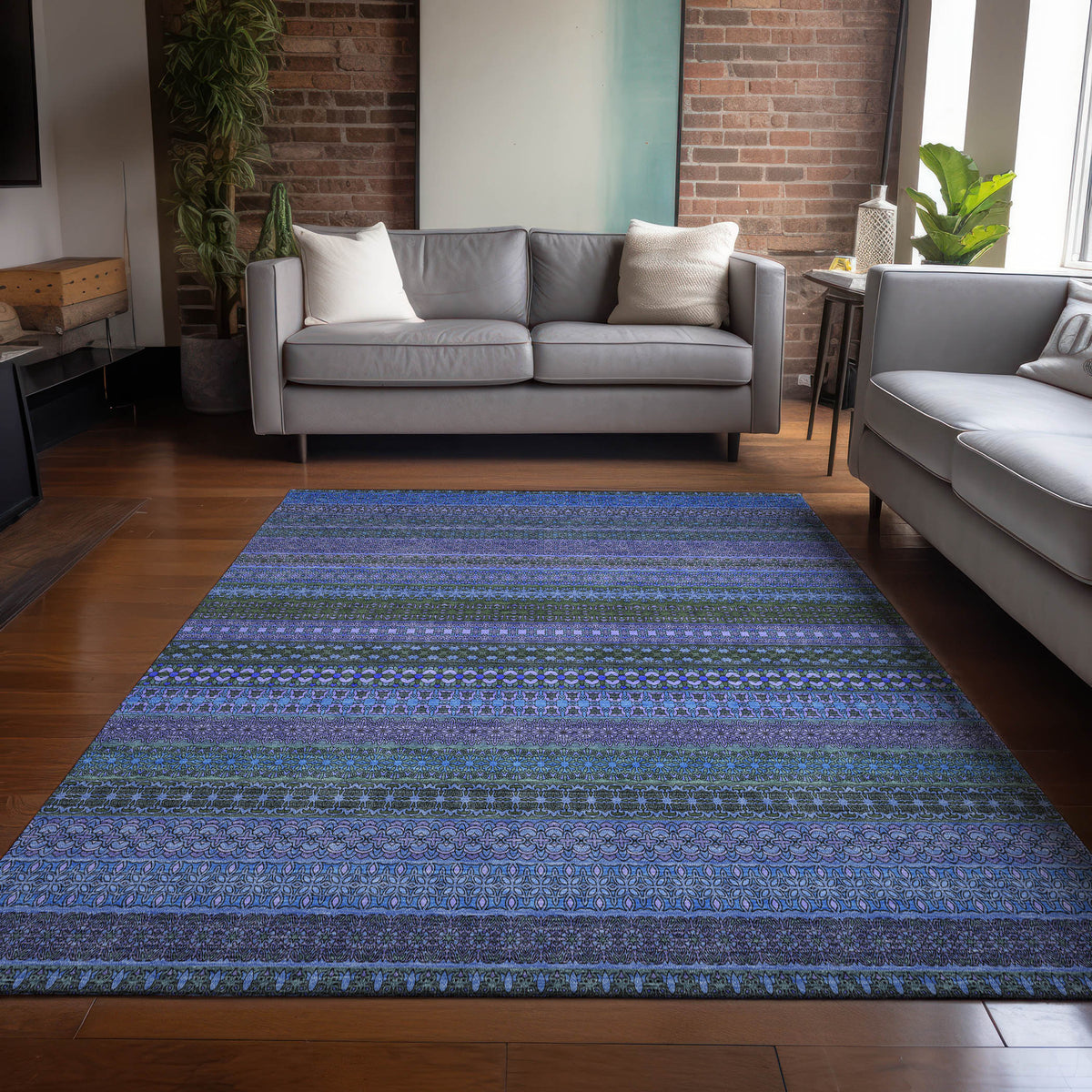 10' X 14' Blue and Green Striped Washable Non Skid Indoor Outdoor Area Rug
