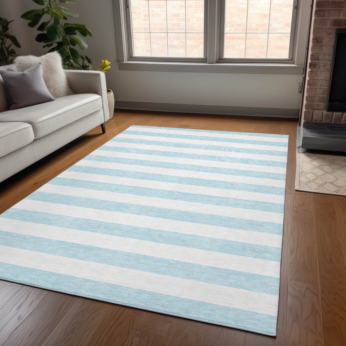 10' X 14' Sky Blue Striped Washable Non Skid Indoor Outdoor Area Rug
