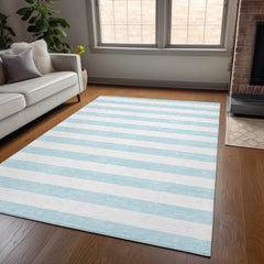 10' X 14' Sky Blue Striped Washable Non Skid Indoor Outdoor Area Rug