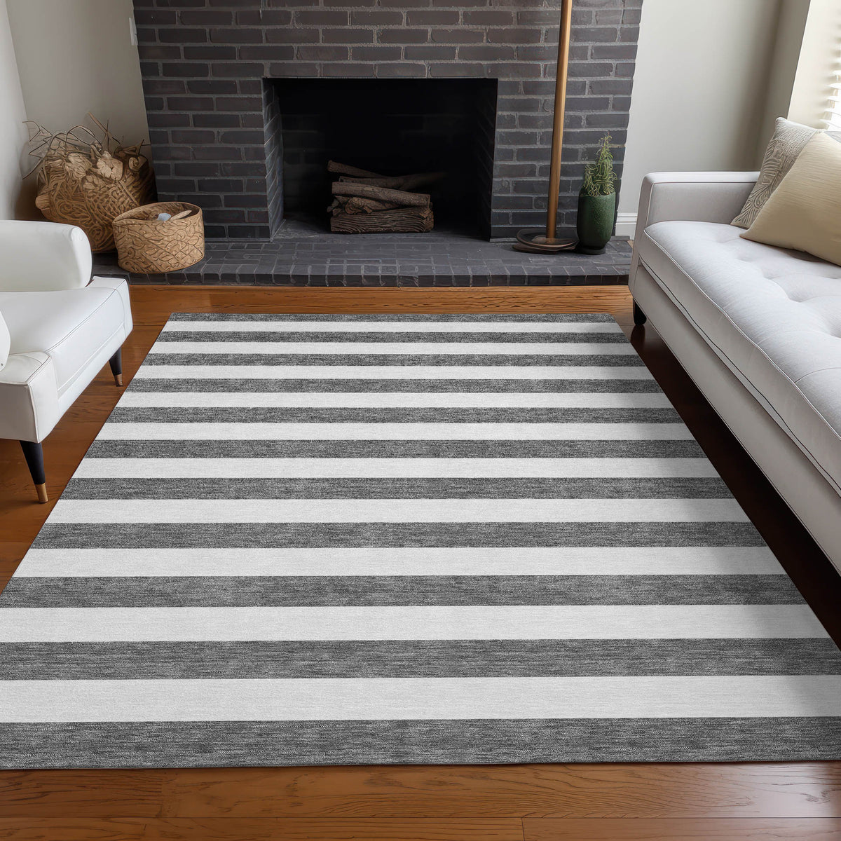 3' X 5' Charcoal Striped Washable Non Skid Indoor Outdoor Area Rug