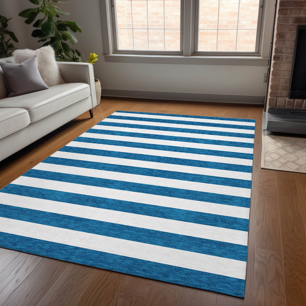 3' X 4' Navy Blue Striped Washable Non Skid Indoor Outdoor Area Rug