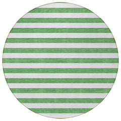 8' Round Green and White Round Striped Washable Non Skid Indoor Outdoor Area Rug
