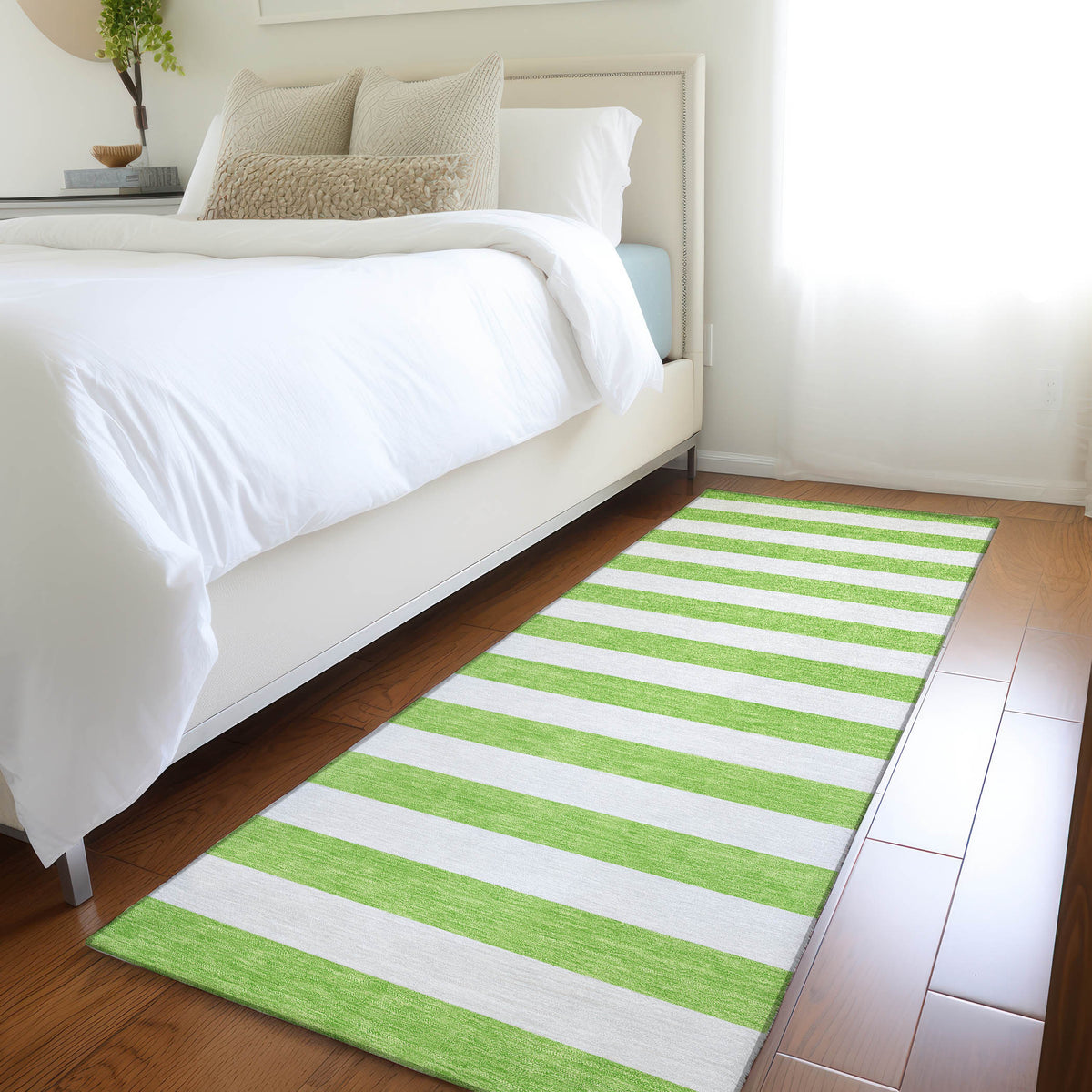8' Runner Green and White Striped Washable Non Skid Indoor Outdoor Runner Rug