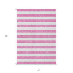 3' X 5' Pink and White Striped Washable Non Skid Indoor Outdoor Area Rug