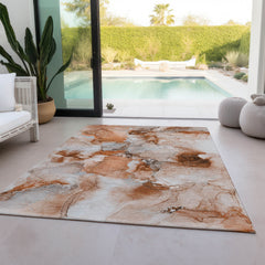 10' X 14' Orange and Ivory Abstract Washable Non Skid Indoor Outdoor Area Rug