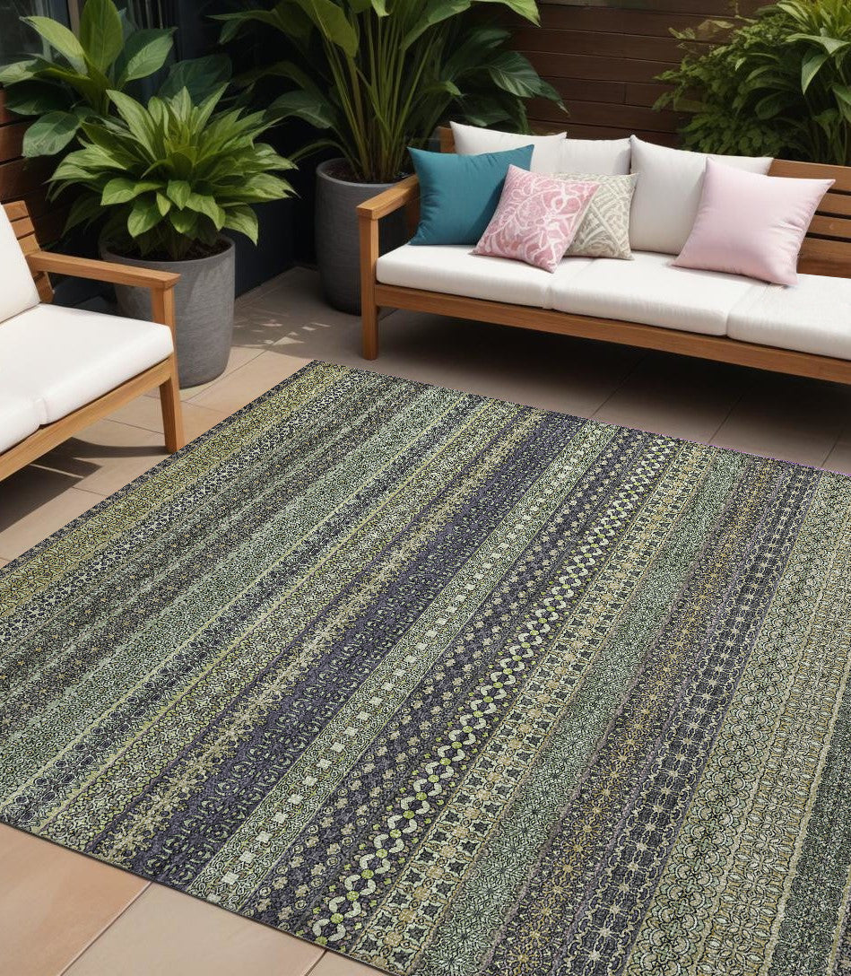 10' X 14' Sage Striped Washable Non Skid Indoor Outdoor Area Rug