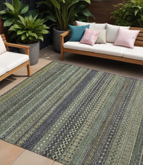 10' X 14' Sage Striped Washable Non Skid Indoor Outdoor Area Rug