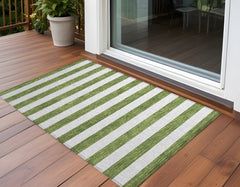3' X 4' Olive Green Striped Washable Non Skid Indoor Outdoor Area Rug