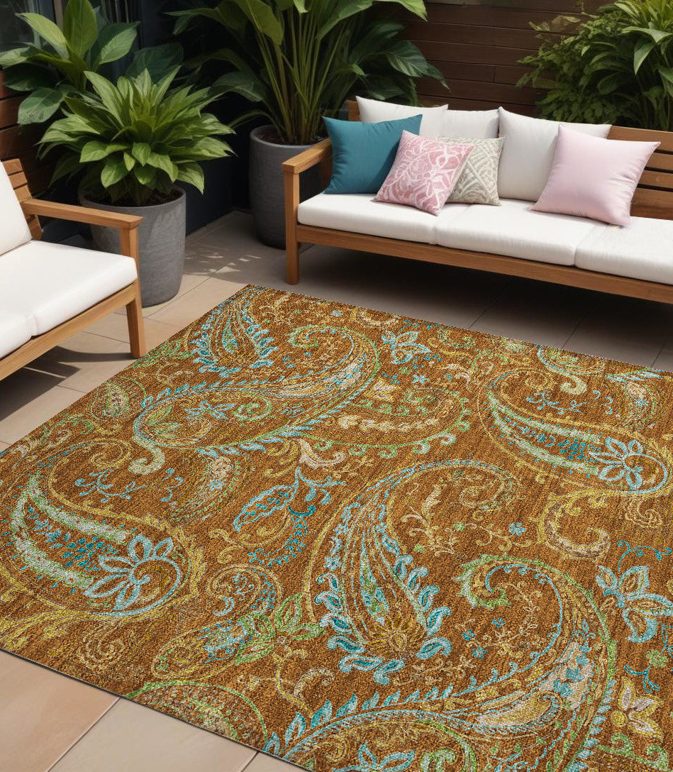10' X 14' Orange Paisley Washable Non Skid Indoor Outdoor Area Rug