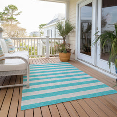 10' X 14' Turquoise Striped Washable Non Skid Indoor Outdoor Area Rug