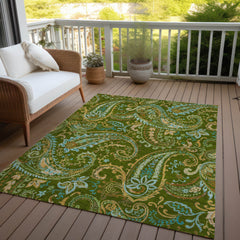 10' X 14' Green Paisley Washable Non Skid Indoor Outdoor Area Rug