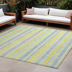 10' X 14' Blue and Yellow Striped Washable Non Skid Indoor Outdoor Area Rug