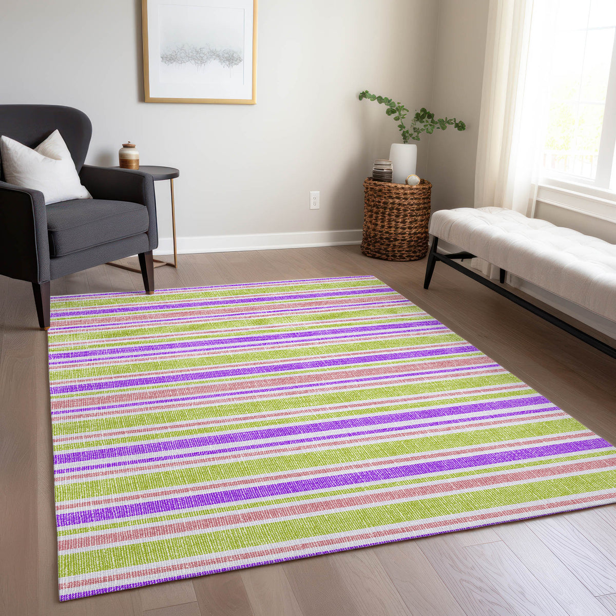 10' X 14' Purple Striped Washable Non Skid Indoor Outdoor Area Rug