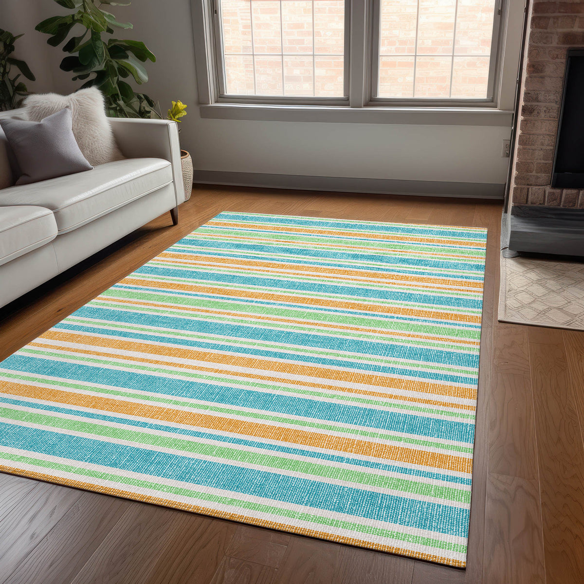 10' X 14' Teal Striped Washable Non Skid Indoor Outdoor Area Rug