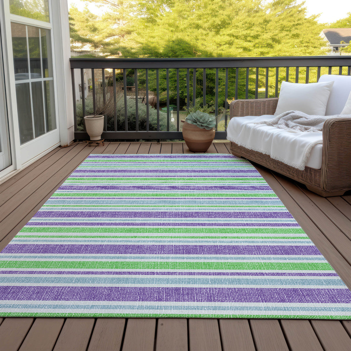 9' X 12' Lime Green Striped Washable Non Skid Indoor Outdoor Area Rug