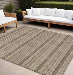 10' X 14' Taupe Striped Washable Non Skid Indoor Outdoor Area Rug