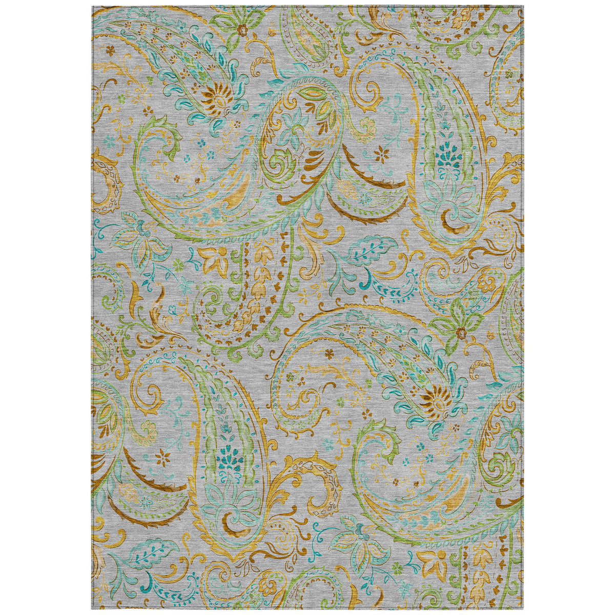 10' X 14' Gray and Gold Paisley Washable Non Skid Indoor Outdoor Area Rug