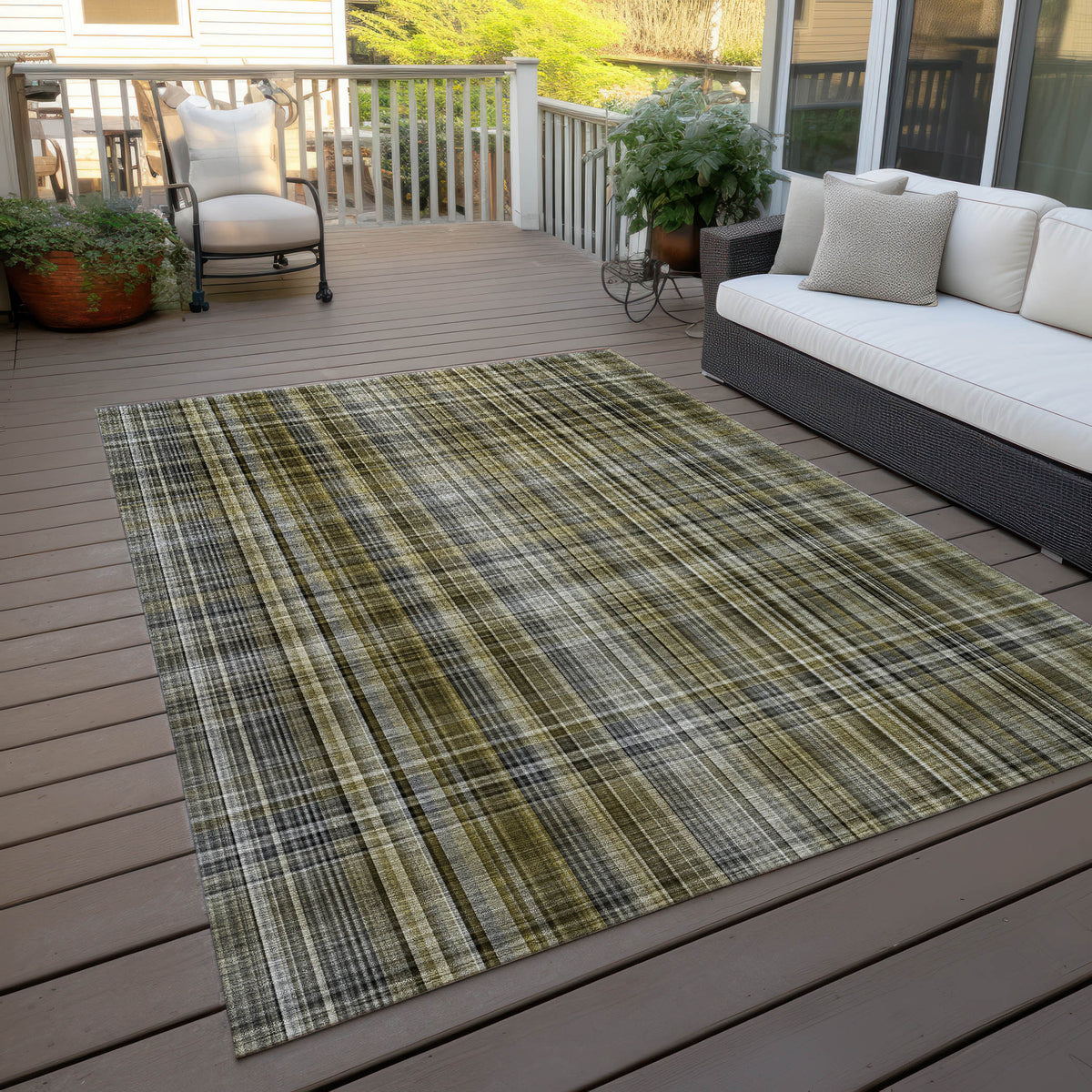 3' X 5' Taupe Plaid Washable Non Skid Indoor Outdoor Area Rug
