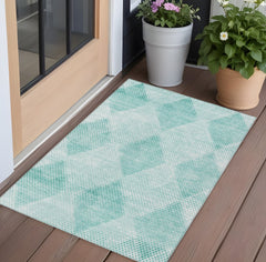 3' X 5' Teal Geometric Washable Non Skid Indoor Outdoor Area Rug