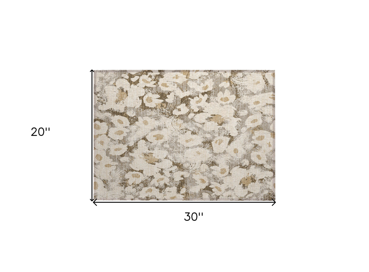 2' X 3' Khaki Floral Washable Non Skid Indoor Outdoor Area Rug