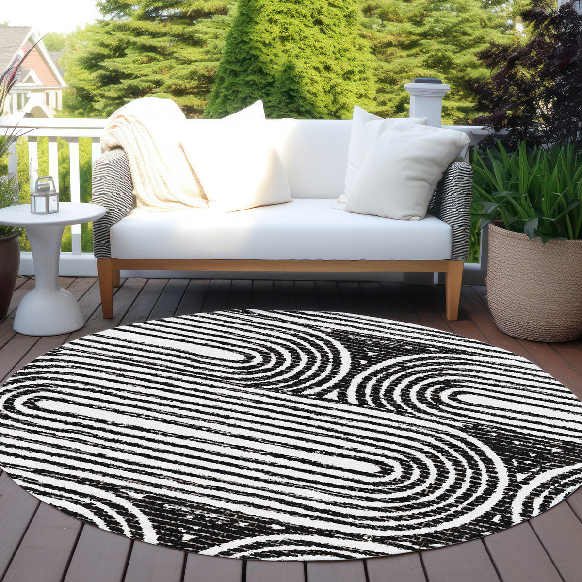 8' Round Black and White Round Abstract Washable Non Skid Indoor Outdoor Area Rug