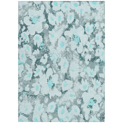 8' X 10' Teal Floral Washable Non Skid Indoor Outdoor Area Rug