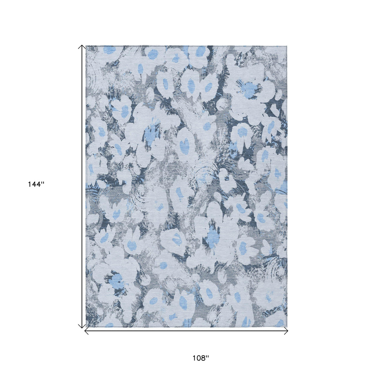 9' X 12' Denim Blue Floral Washable Non Skid Indoor Outdoor Area Rug