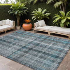 10' X 14' Teal Plaid Washable Non Skid Indoor Outdoor Area Rug