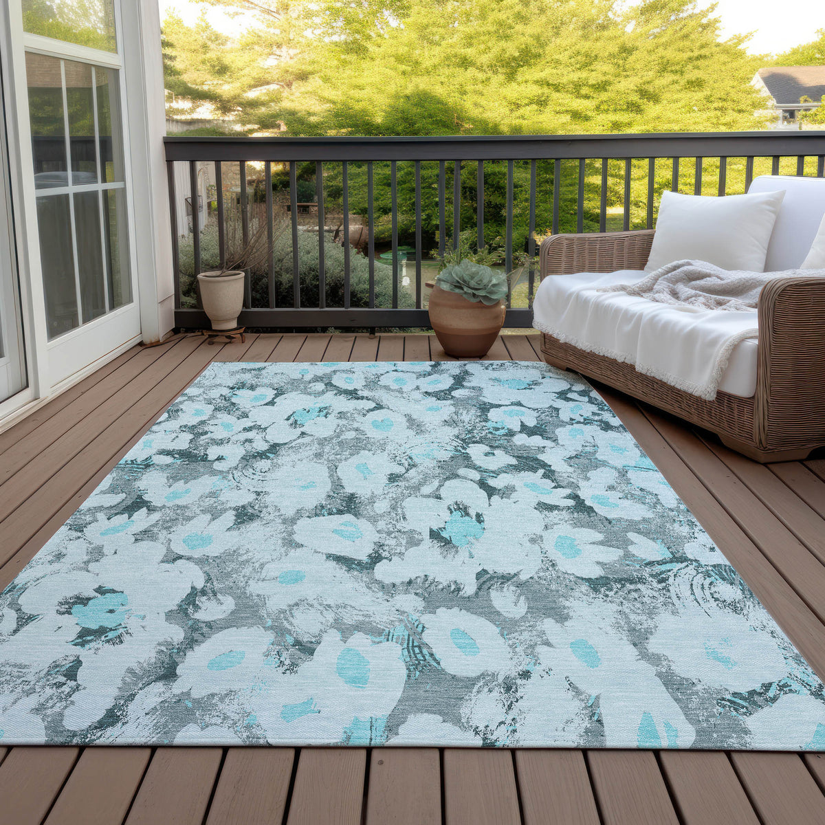 3' X 5' Teal Floral Washable Non Skid Indoor Outdoor Area Rug
