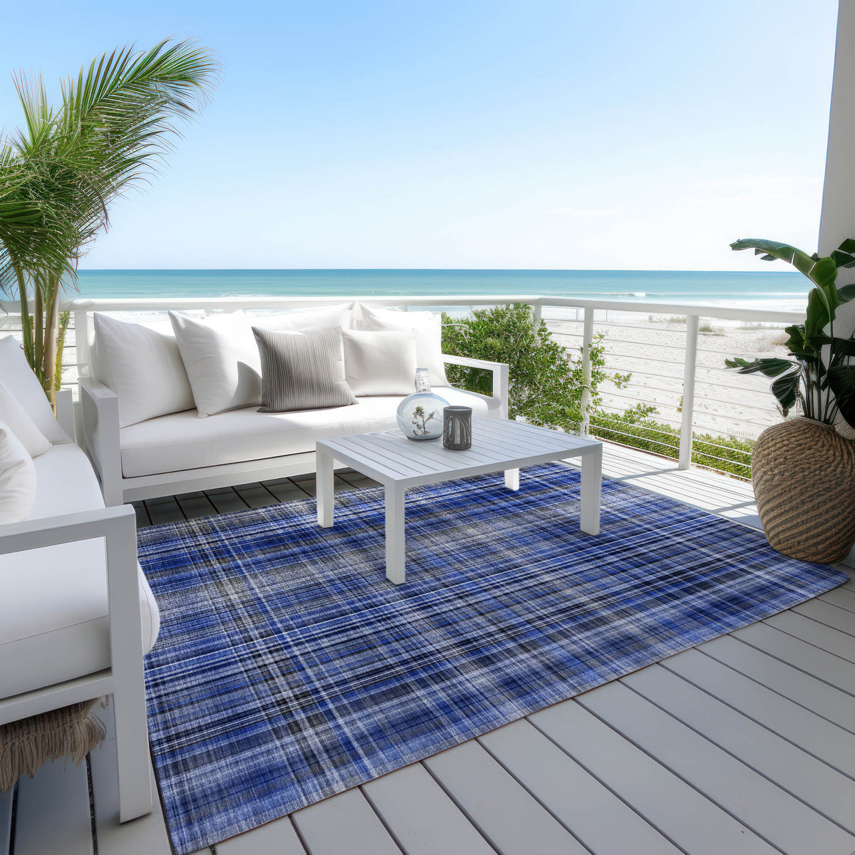 3' X 4' Navy Blue Plaid Washable Non Skid Indoor Outdoor Area Rug