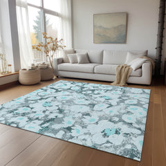 3' X 4' Teal Floral Washable Non Skid Indoor Outdoor Area Rug