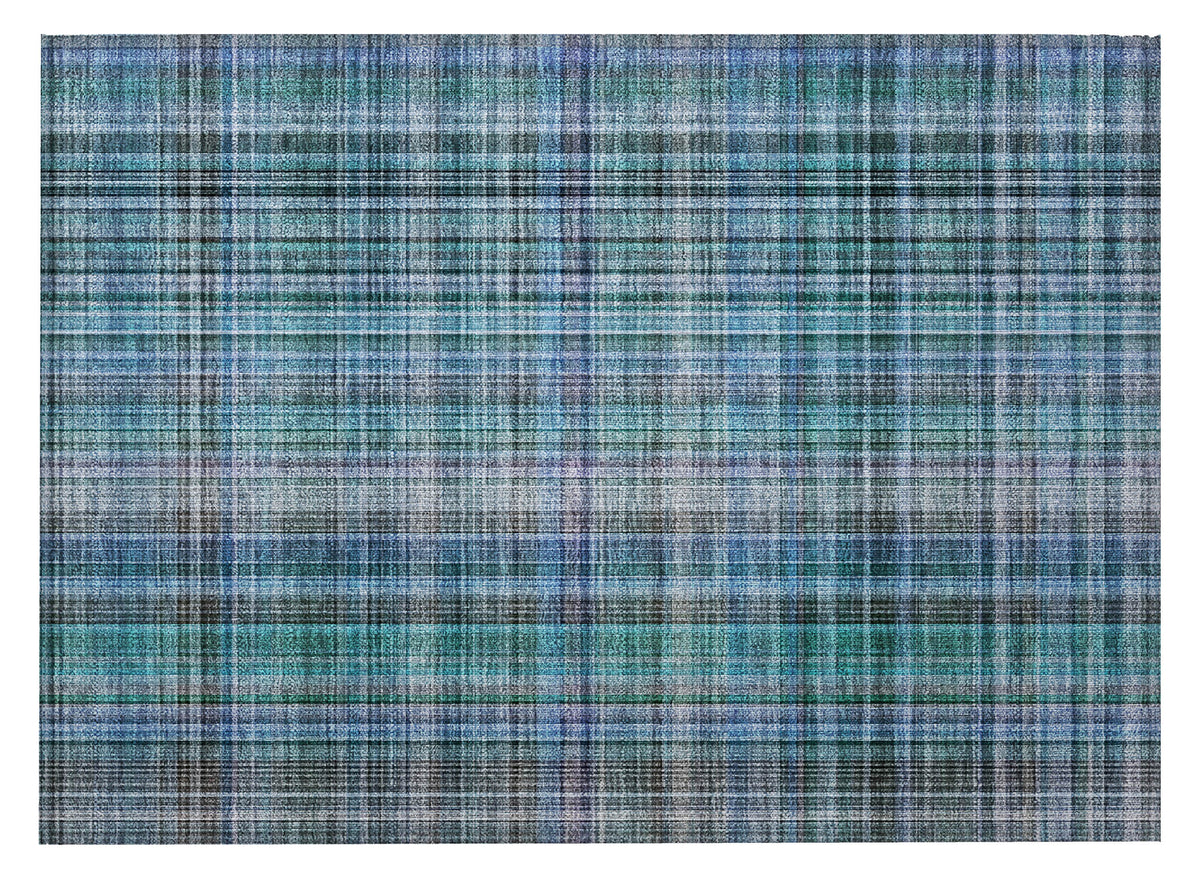 2' X 3' Teal Plaid Washable Non Skid Indoor Outdoor Area Rug