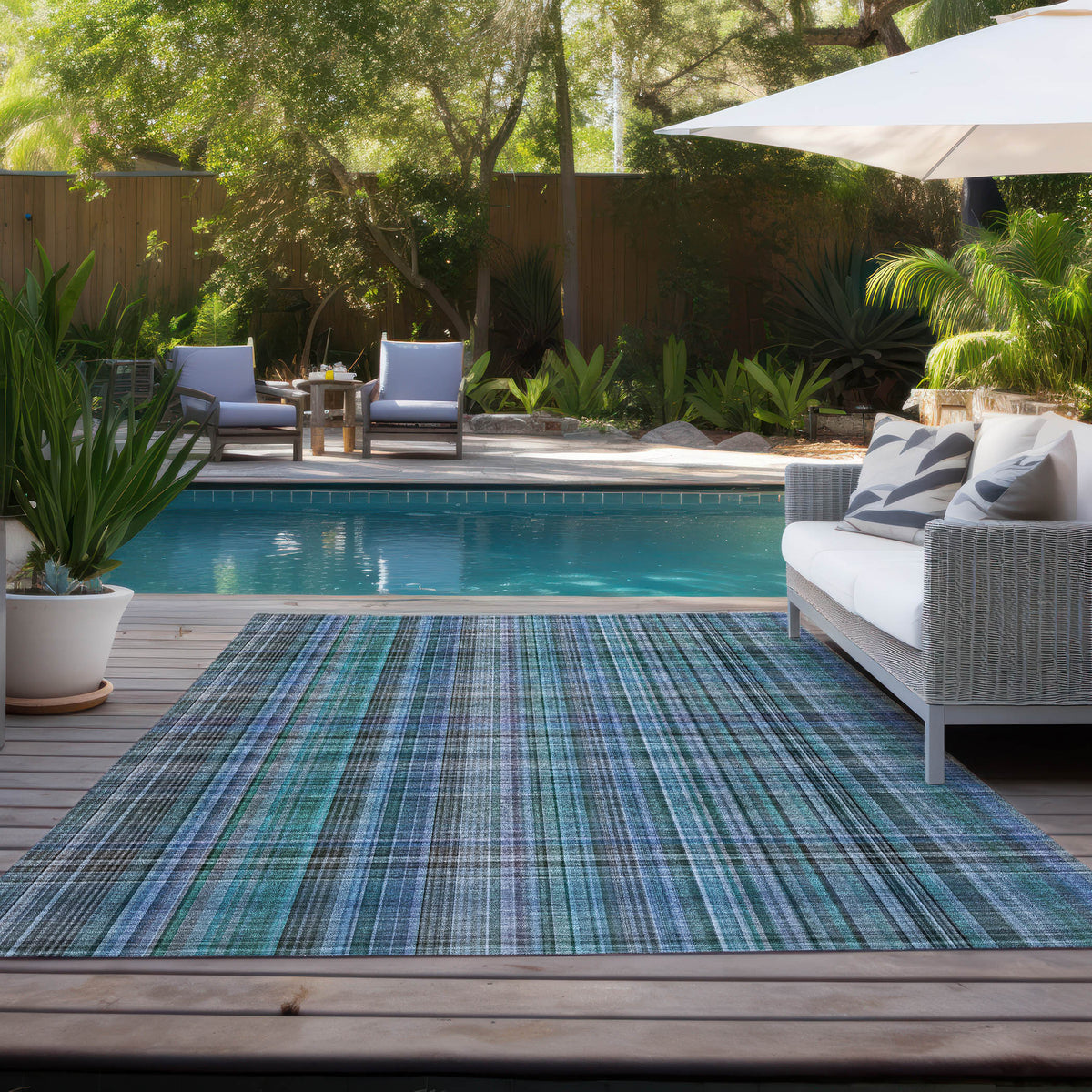 3' X 4' Teal Plaid Washable Non Skid Indoor Outdoor Area Rug