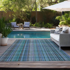 3' X 4' Teal Plaid Washable Non Skid Indoor Outdoor Area Rug
